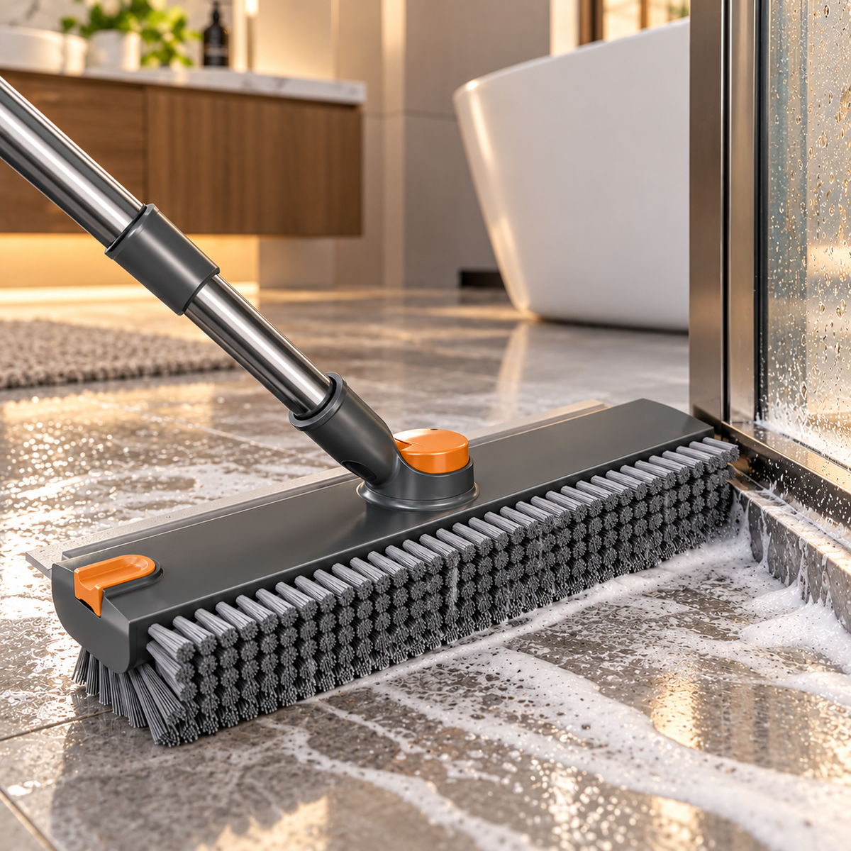 Firm bristles scrubbing soapy bathroom tiles