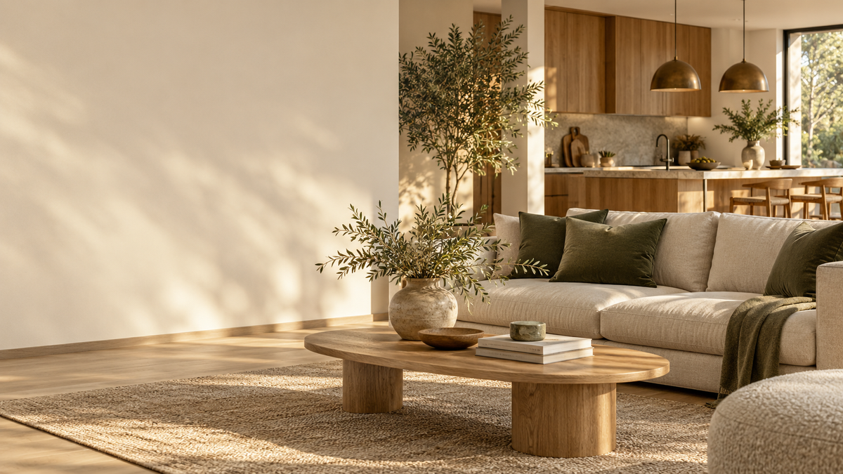 Bright beige living room with green cushions and a wood kitchen