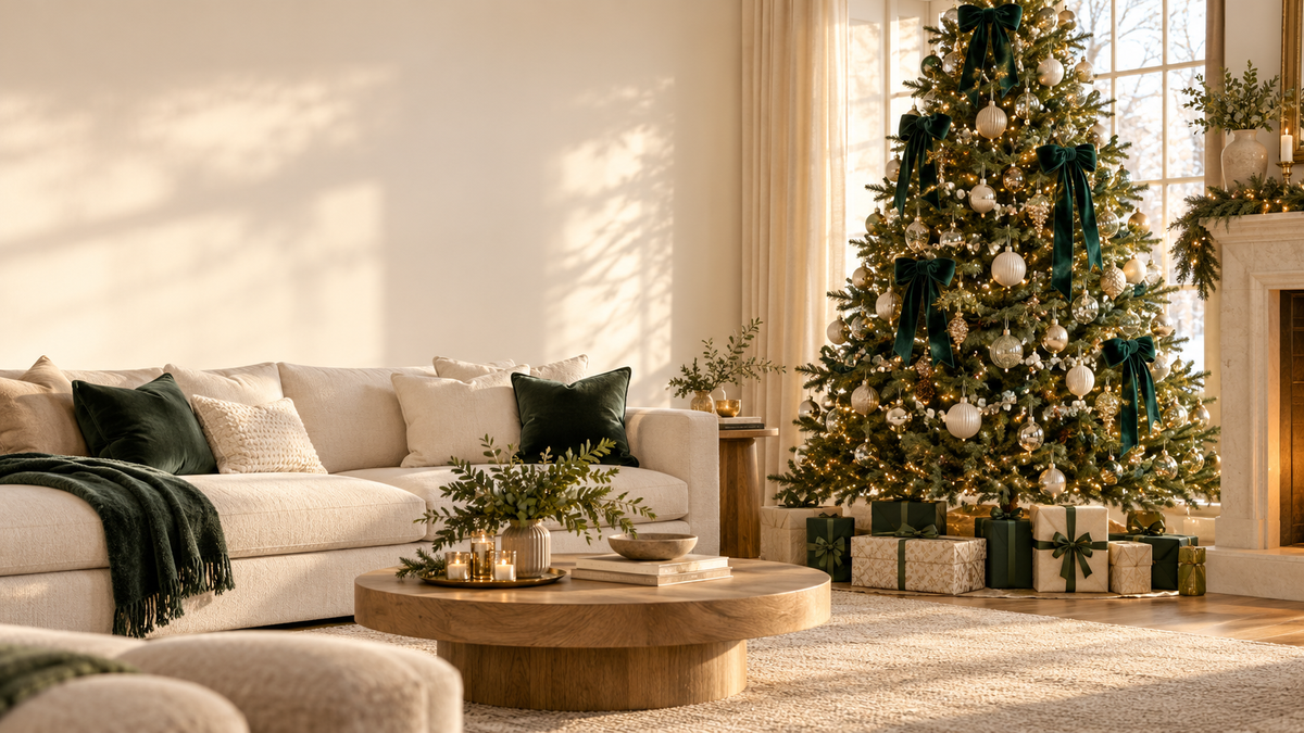 Un salon beige décoré pour Noël, avec sapin et lumières chaleureuses.