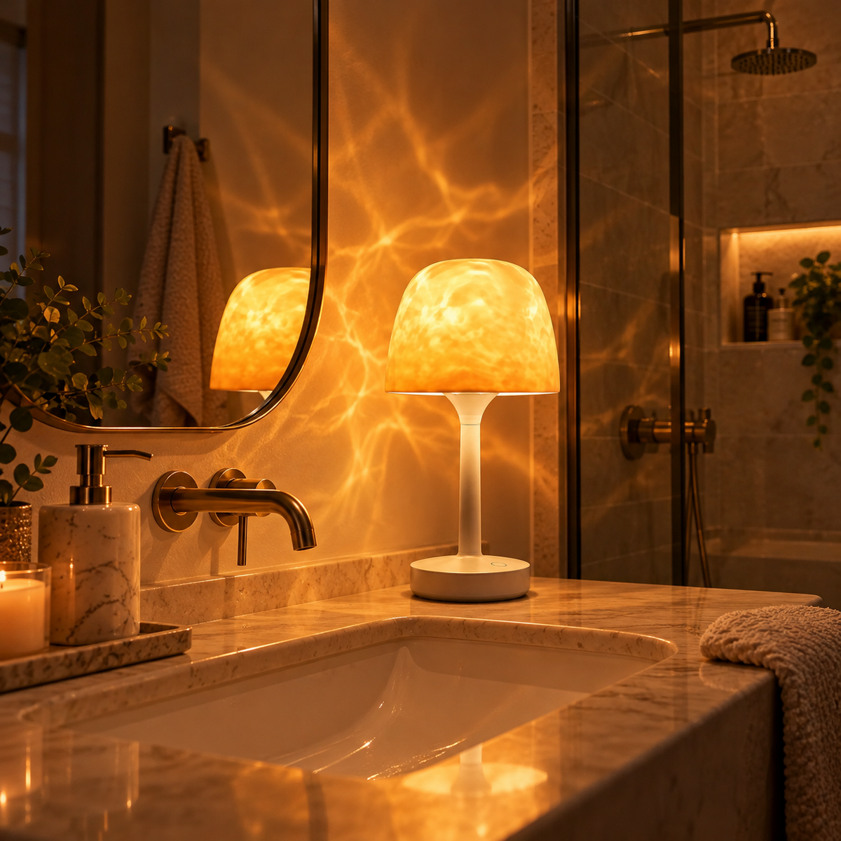 Lampe sur pied à lumière ambrée sur un meuble de salle de bain